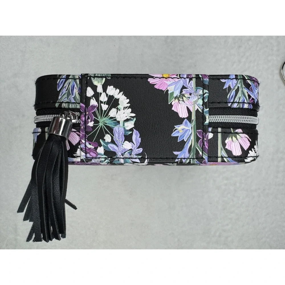 Cupcakes and Cashmere Jewelry Travel Case Floral Black‎ Purple Tassel Square NEW
